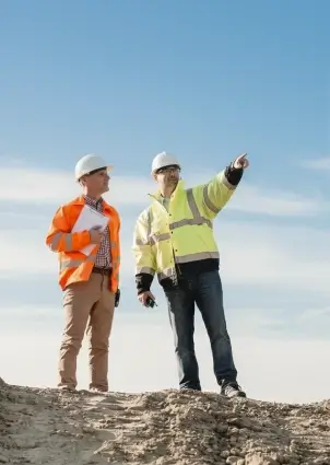 Two male industrial inspectors stand on a slope against the sky.