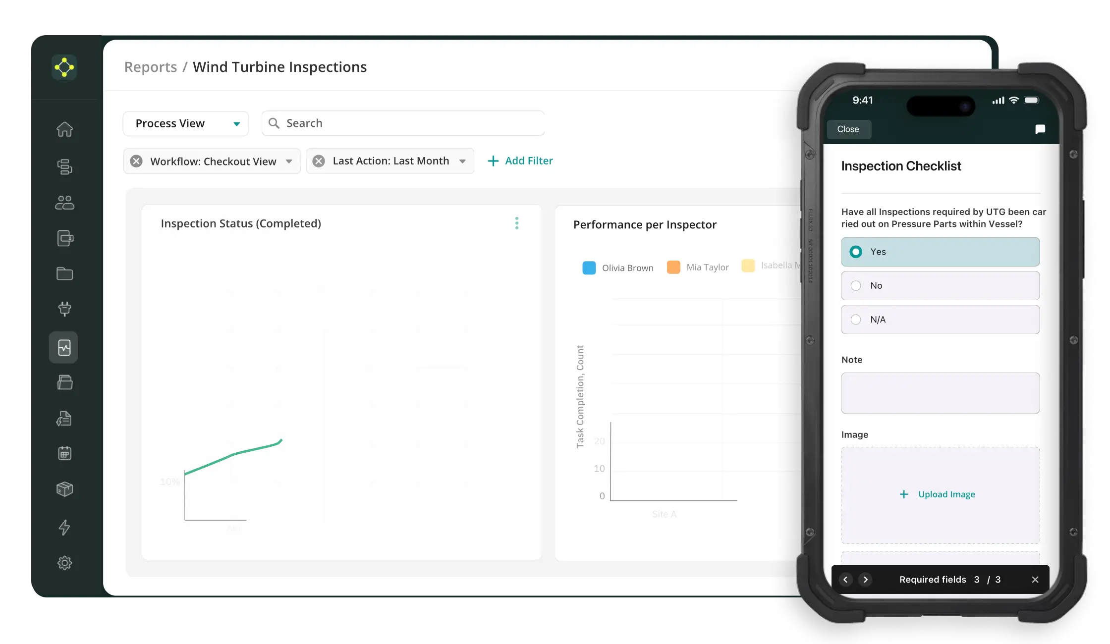 The Fluix web app displaying a wind turbine inspection report, alongside a mobile phone with an inspection checklist open in the Fluix app.